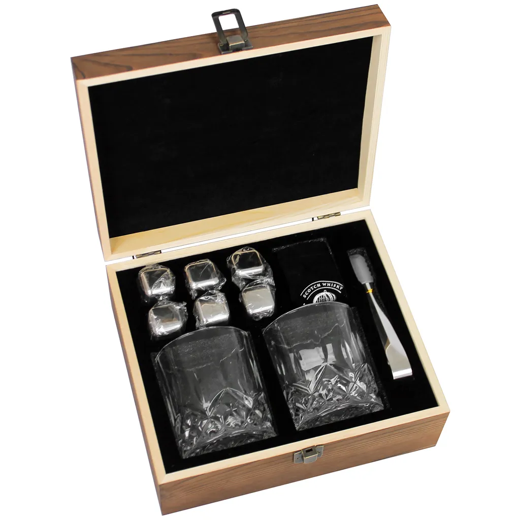 Whisky Geschenk-Set Mit 2 Gläsern, Eiswürfeln Aus Edelstahl, Zange, Samtbeutel In Einer Schönen Holzbox – Bild 5