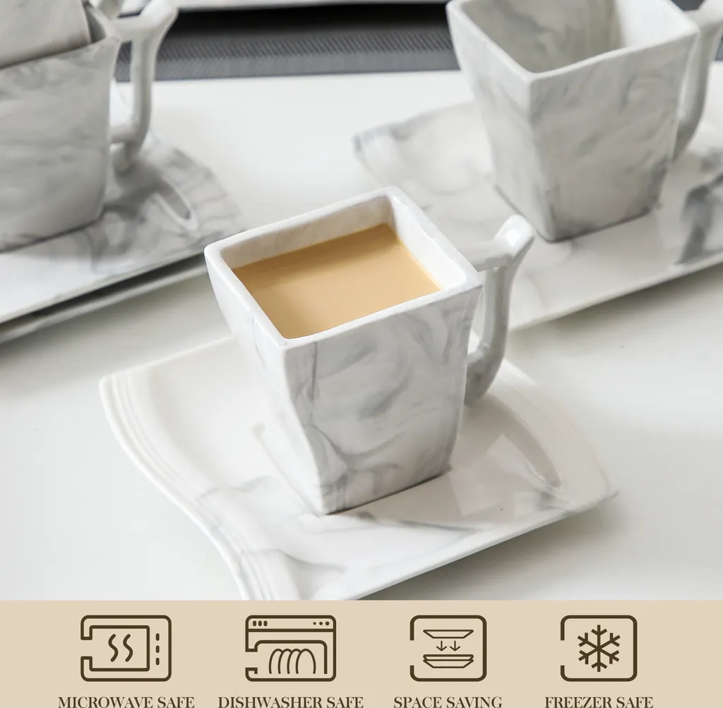 MALACASA, Serie Flora, 36 Tlg. Marmor Porzellan Kaffeeservice Geschirrset Mit 12 Kuchenteller, 12 Tasse 220ml, 12 Untertasse Für 12 Personen – Bild 3