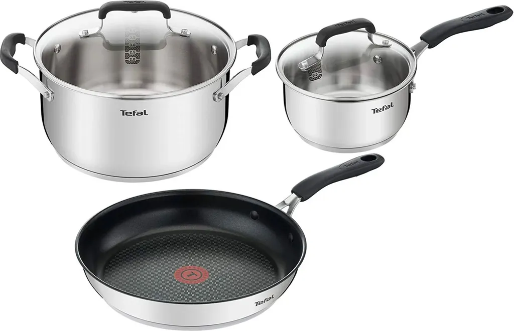 Tefal G7155S14 Cook&Cool Edelstahl Topfset 5-teilig Mit Glasdeckel Inkl. 28 Cm Bratpfanne Mit ThermoSpot, Für Alle Herdarten