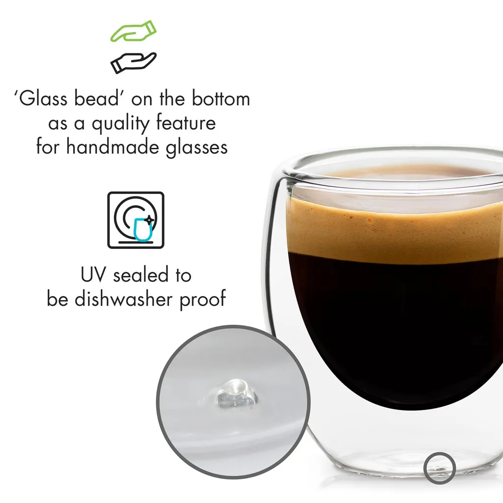 Klarstein Glaswerk Vienna Doppelwandige Gläser , Thermoglas , Trinkglas , Espresso-, Kaffee- Und Shotglas , 4 Stück , Für Heiße Und Kalte Getränke , 80 Ml , Borosilikatglas , Hitze- Und Kältebeständig , Handgemacht , Spülmaschinenfest , Thermoeffekt – Bild 5