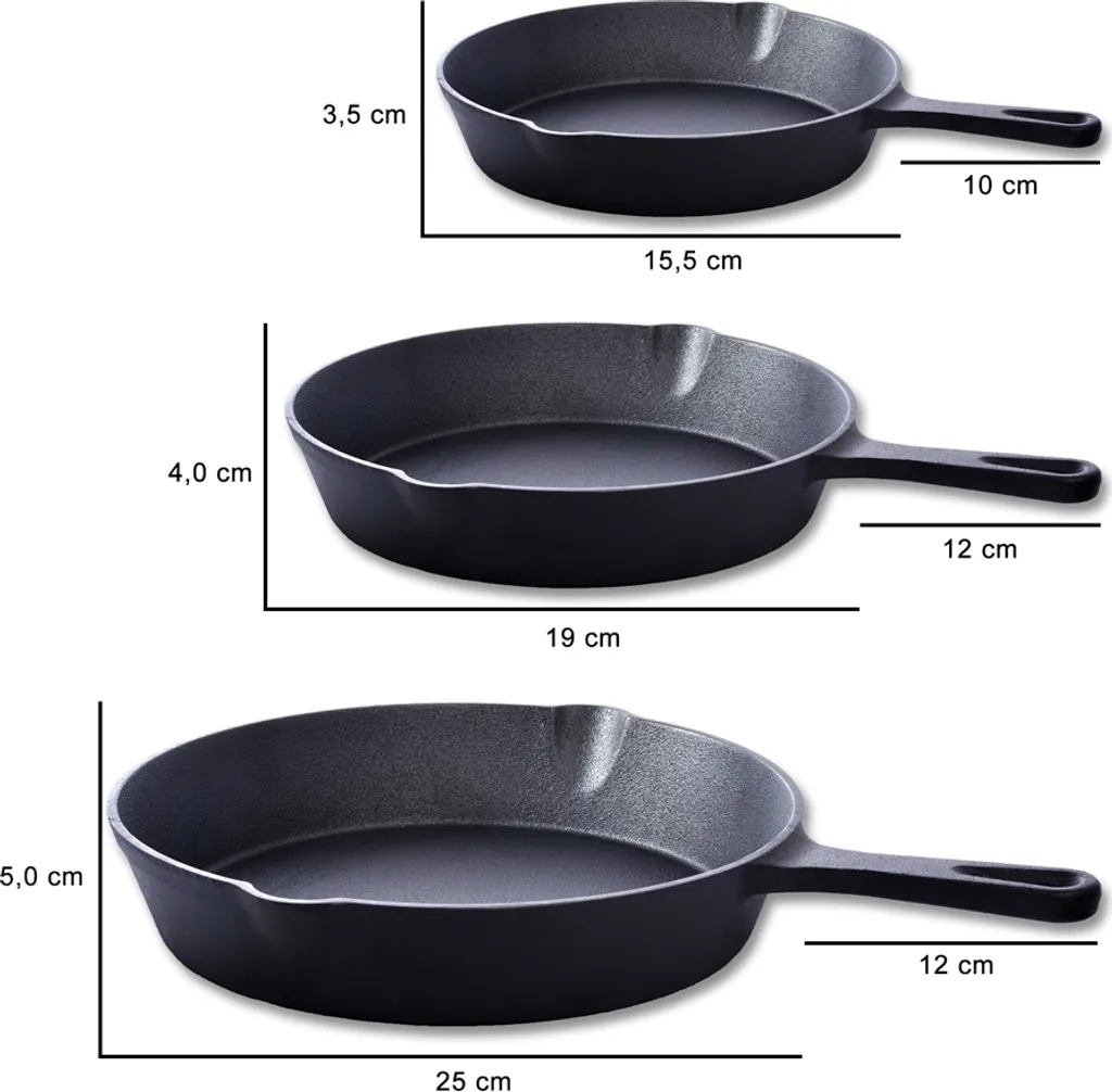 Mucola Bratpfanne Grillpfanne Pfannenset Gusseisen 3 Tlg. Ø25 Ø19 Ø15,5 Cm Griff Herd Gussbratpfanne Steakpfanne Gasherd Induktionsherd Feuer Ofen Herdplatte – Bild 3