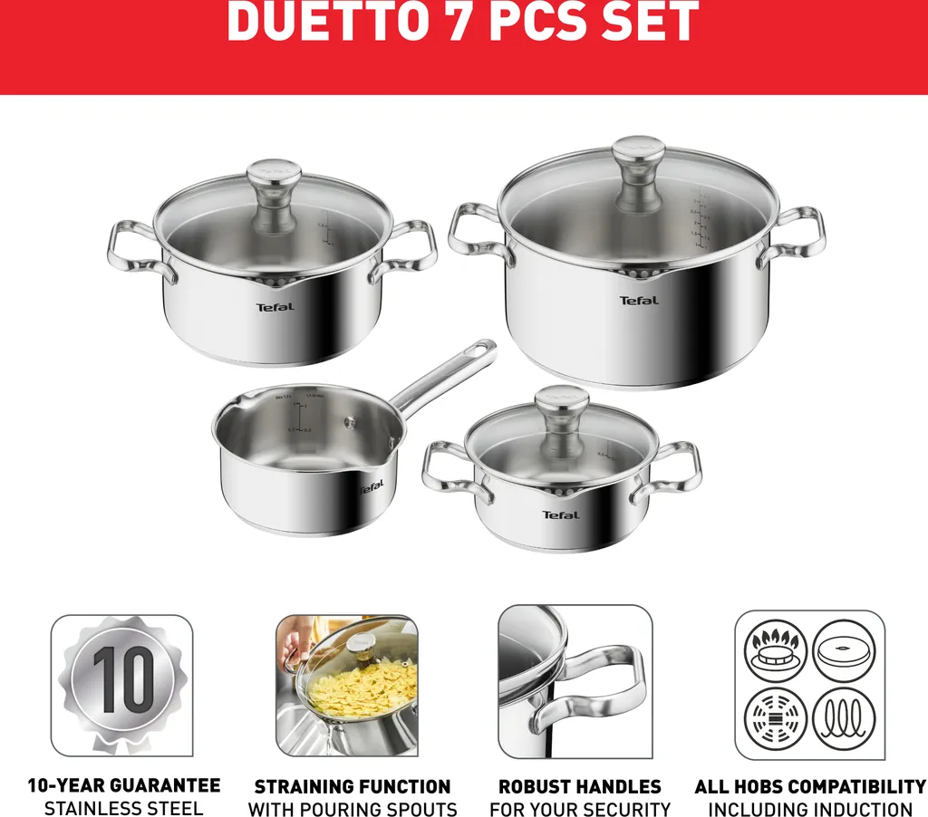Tefal Duetto Kochgeschirr, 7-Teiliges Set, Stielkasserolle 16 Cm, Kochtöpfe 16/20/24 Cm + Deckel – Bild 6