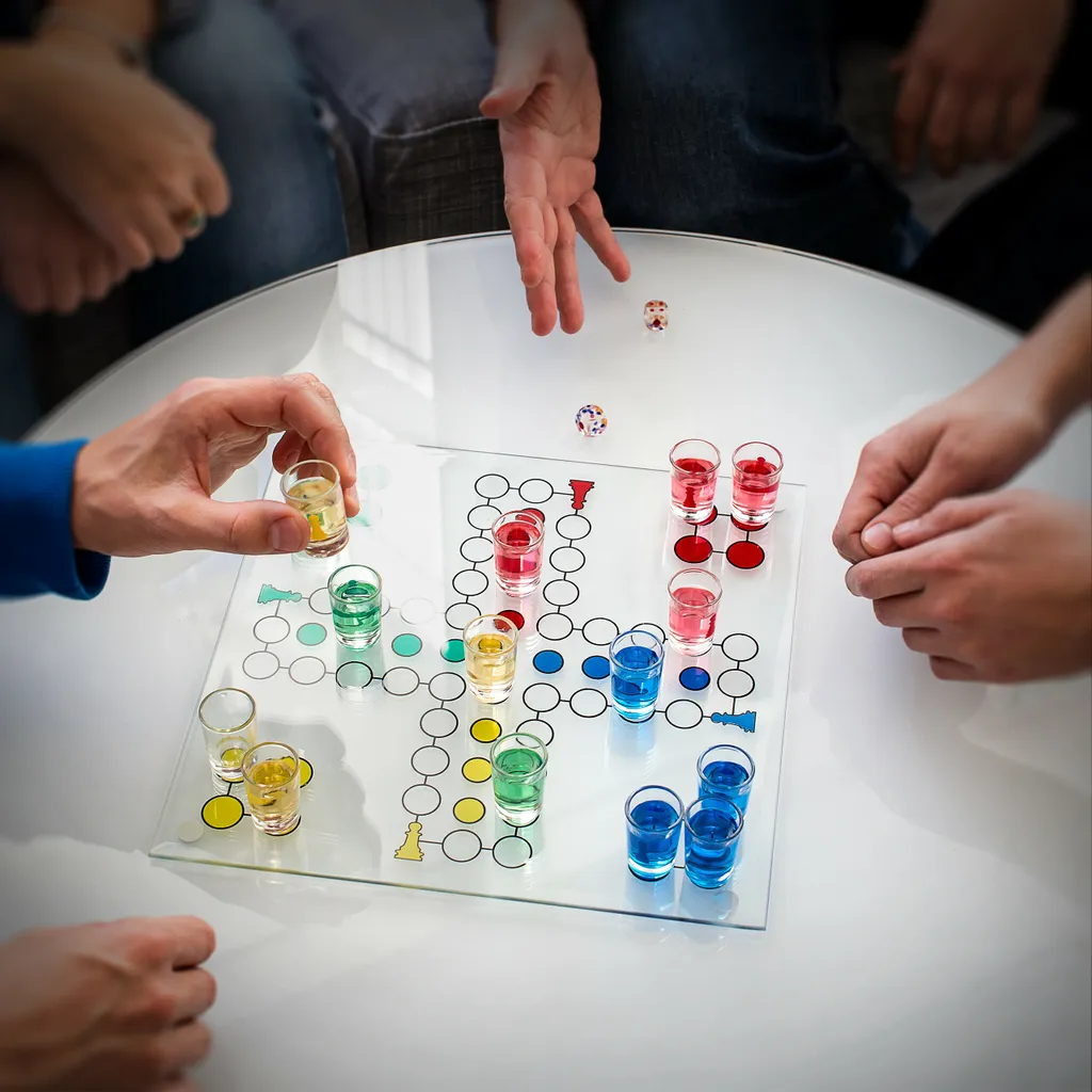 Relaxdays 10010181 Drinking Ludo Spiel, Partyspiel Für Erwachsene, Brett, 2 Würfel & 16 Shotgläser, Lustiges Trinkspiel – Bild 2