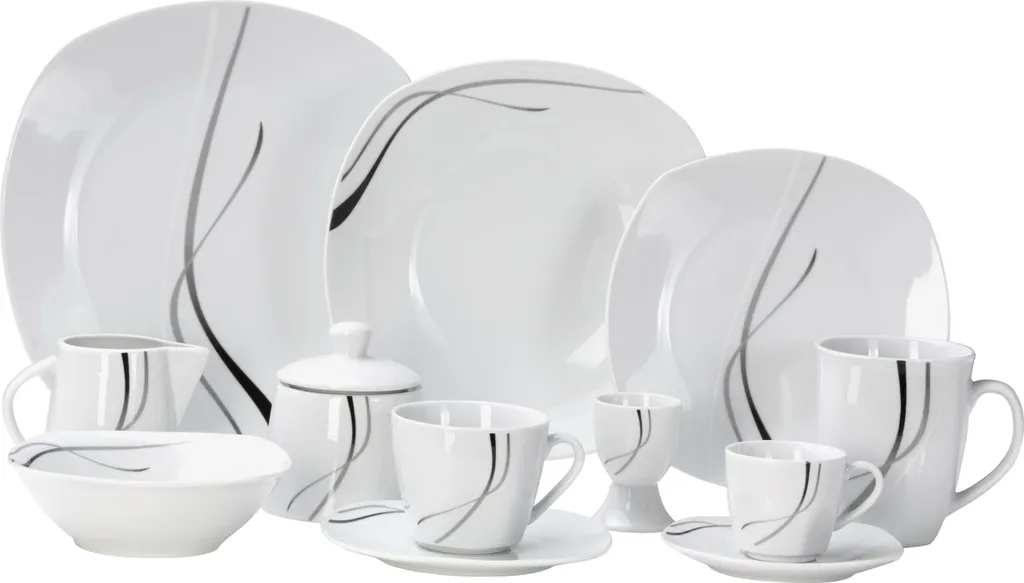 Van Well Kombiservice Silver Night 62-tlg 6 Personen, Tafel + Kaffee + Zubehör, Linien-Dekor – Bild 3