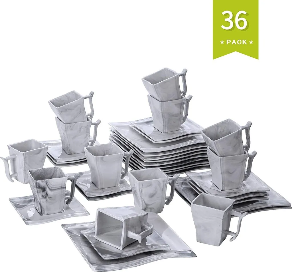 MALACASA, Serie Flora, 36 Tlg. Marmor Porzellan Kaffeeservice Geschirrset Mit 12 Kuchenteller, 12 Tasse 220ml, 12 Untertasse Für 12 Personen