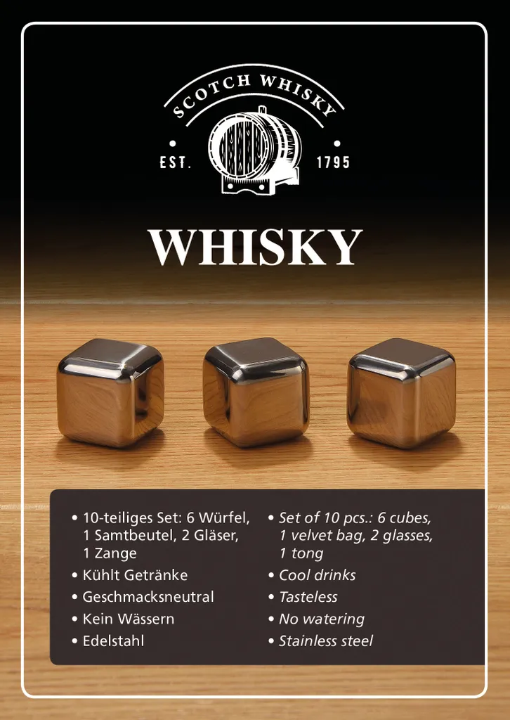 Whisky Geschenk-Set Mit 2 Gläsern, Eiswürfeln Aus Edelstahl, Zange, Samtbeutel In Einer Schönen Holzbox – Bild 15