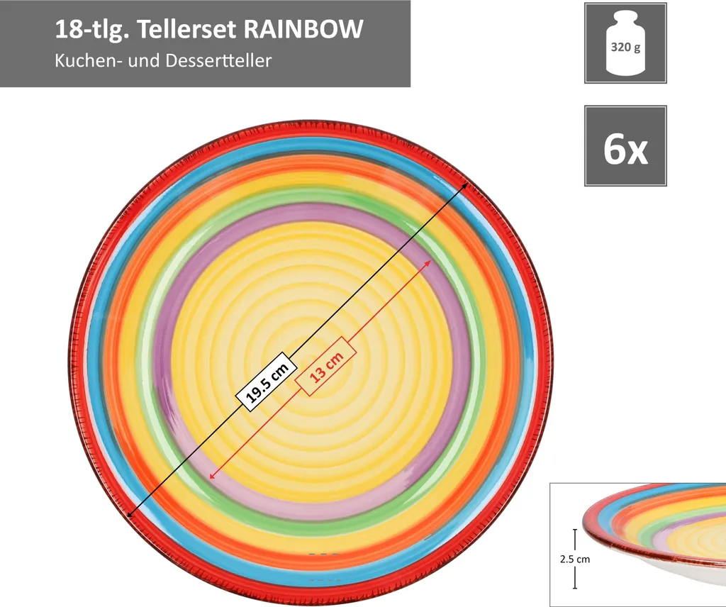 Tellerset Rainbow 18-tlg. 6 Personen Steingut Tafelservice Dessertteller Speiseteller Suppenteller – Bild 3