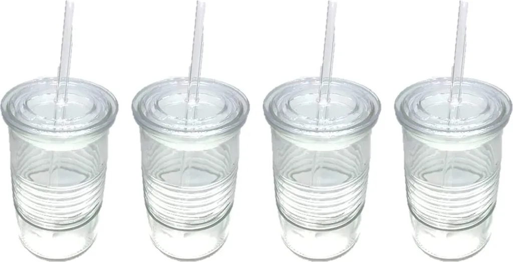Glasbecher Mit Deckel & Glashalm, 4er Set 440 Ml, Spülmaschinenfest, Trinkglas, Transparent