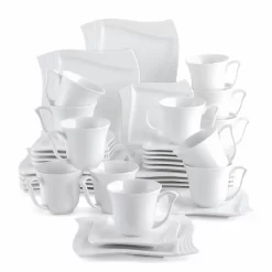 MALACASA, Serie Amparo, 36 Teilig Set Cremeweiß Porzellan Kaffeeservice Dessertteller Kaffeetasse Mit Untertasse