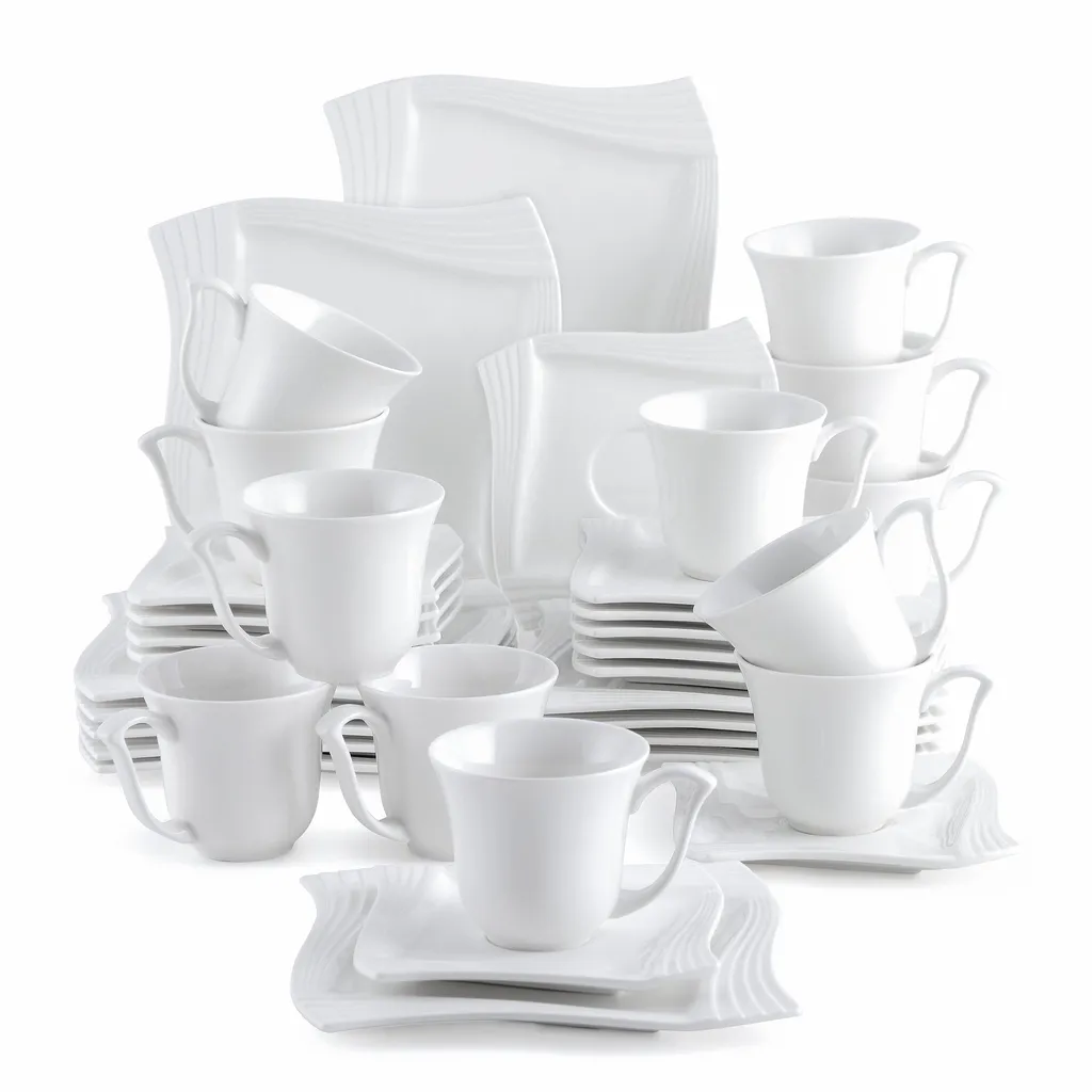 MALACASA, Serie Amparo, 36 Teilig Set Cremeweiß Porzellan Kaffeeservice Dessertteller Kaffeetasse Mit Untertasse