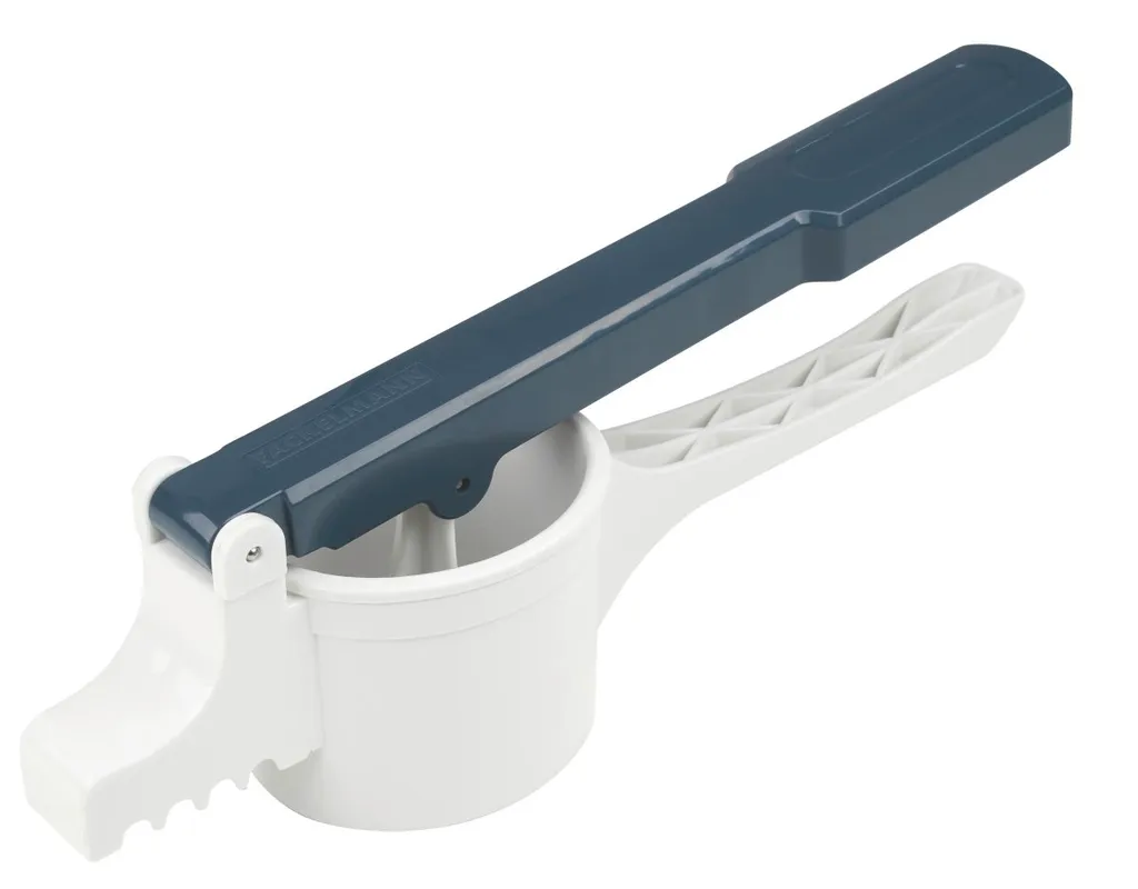 Fackelmann Spätzlepresse Easyprepare, Kortoffelpresse Mit 3 Austauschbaren Lochscheiben, Presse Mit 4 Verschiedenen Auflagehaken, Hochwetiger Kartoffelstampfer (Farbe: Weiß / Blau-Grau), 1 X 4 Teile – Bild 2