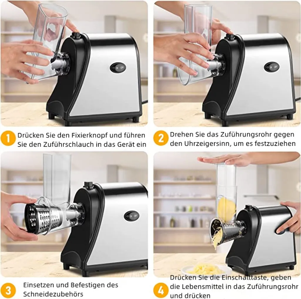 5 In 1 Elektrischer Gemüsehobel, 250W Automatische Gemüsereibe Mit 5 Kegel-Klingen, Edelstahl Gemüseschneider, Multifunktionsreibe Gemüse Raspel Für Obst Gemüse – Bild 5