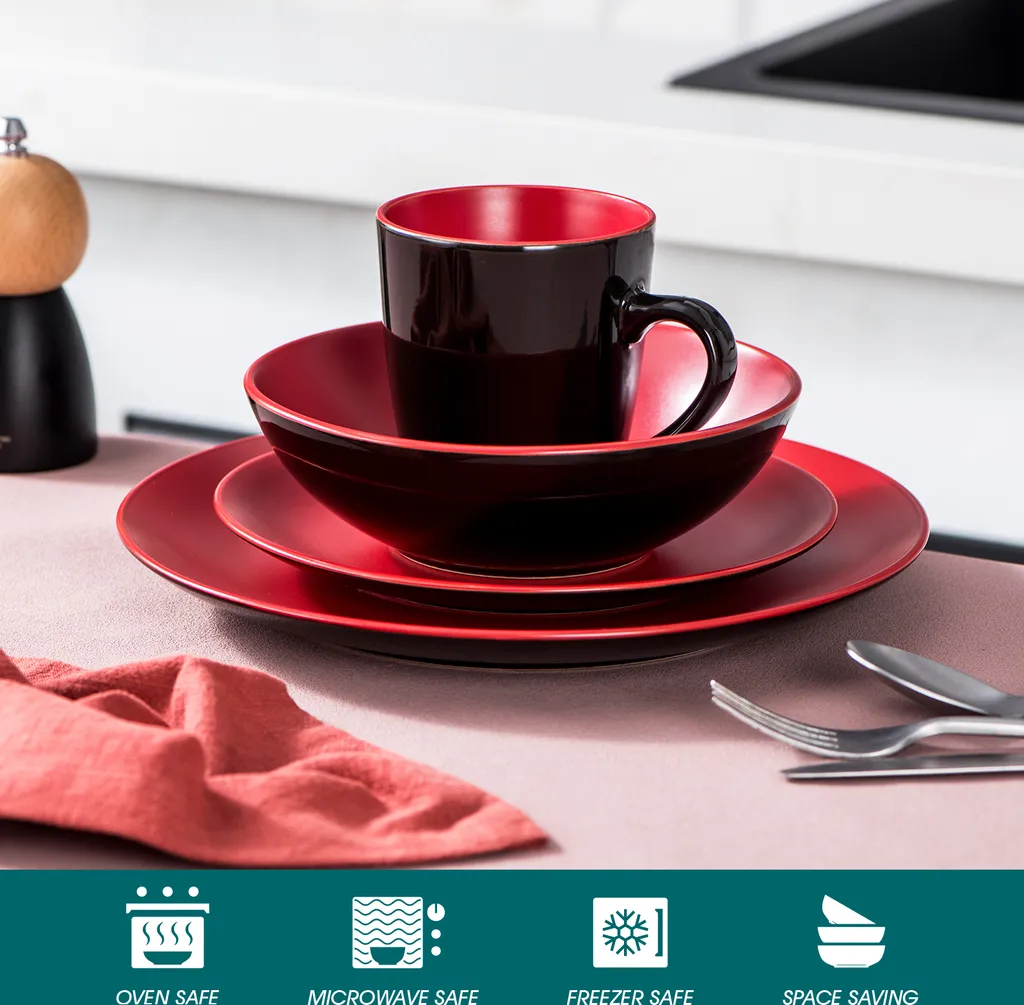 Vancasso Tafelservice Steinzeug, Allegro 16 Teiliges Essgeschirr Kombiservice, Handbemaltes Geschirrset Für 4 Personen, Vintage Rot – Bild 3