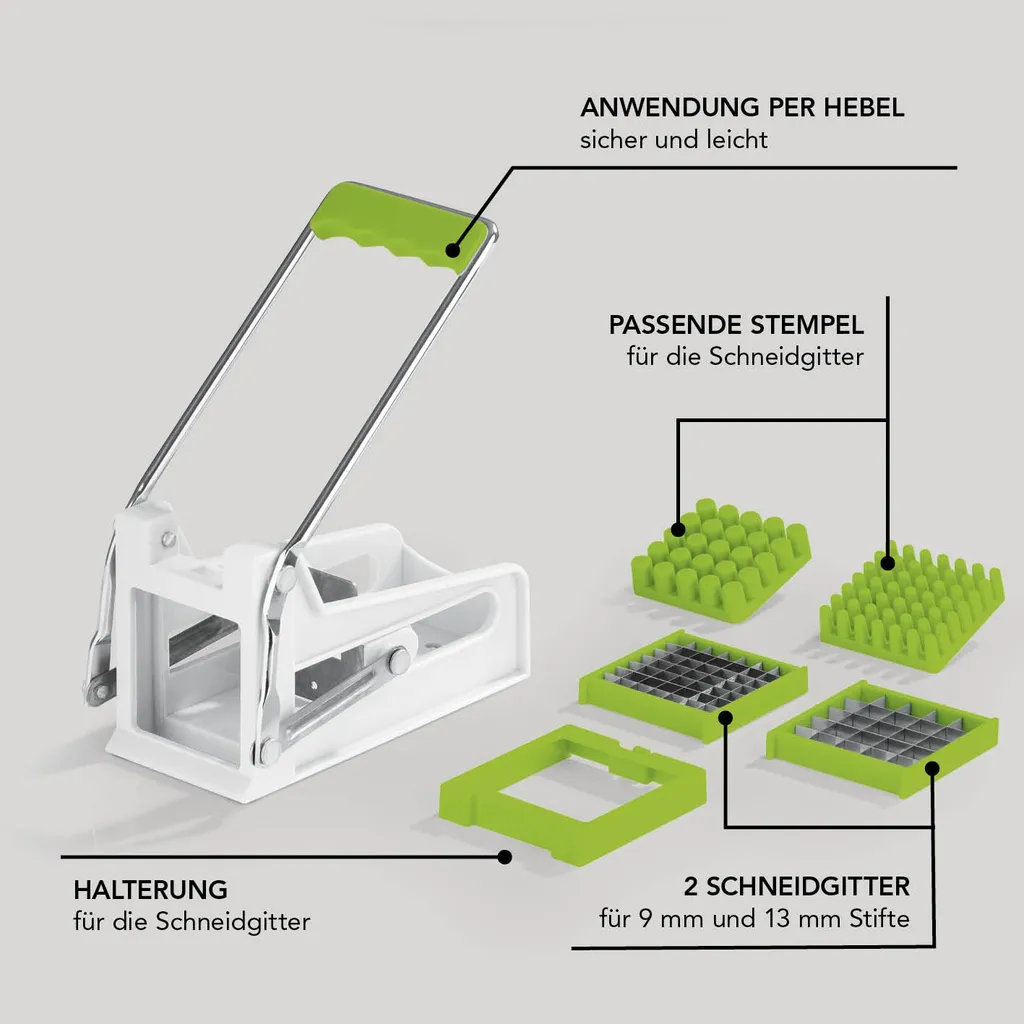 MAXXMEE Pommes Schneider Edelstahl Frites Gemüse Schneider Kartoffel Schneider Cutter Pommesschneider - Weiß/grün Pommes Schneider Edelstahl Frites Gemüse Schneider Kartoffel Schneider Cutter – Bild 4