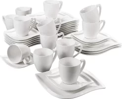 MALACASA, Serie Elvira, 36 Teilig Cremeweiß Porzellan Geschirrset Tafelservice Kaffeeservice Mit Tassen, Untertassen, Dessertteller Für 12 Person