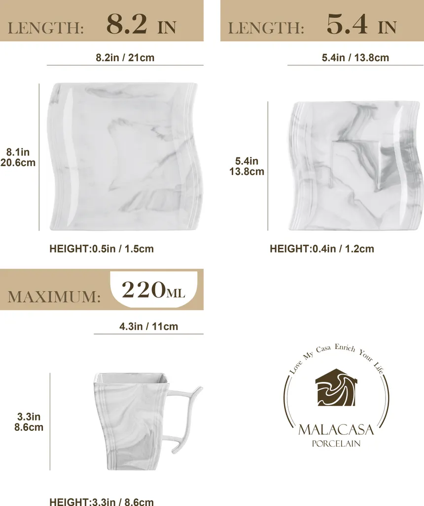 MALACASA, Serie Flora, 36 Tlg. Marmor Porzellan Kaffeeservice Geschirrset Mit 12 Kuchenteller, 12 Tasse 220ml, 12 Untertasse Für 12 Personen – Bild 2