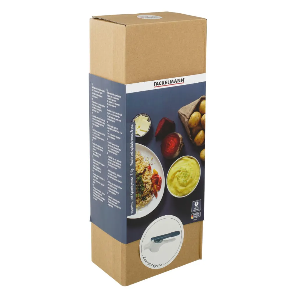 Fackelmann Spätzlepresse Easyprepare, Kortoffelpresse Mit 3 Austauschbaren Lochscheiben, Presse Mit 4 Verschiedenen Auflagehaken, Hochwetiger Kartoffelstampfer (Farbe: Weiß / Blau-Grau), 1 X 4 Teile – Bild 10