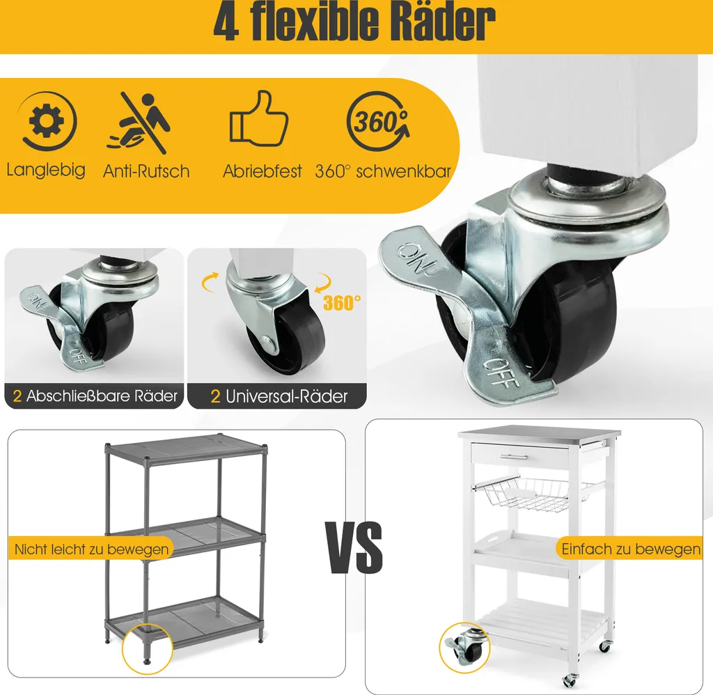 COSTWAY Kleiner Küchenwagen, Servierwagen Auf Rollen, Arbeitsplatte Aus Edelstahl, Schublade, Korb & Abnehmbarem Serviertablett, Rollwagen Kücheninsel, Küchentrolley Landhausstil Weiß, 47x39x85cm – Bild 6