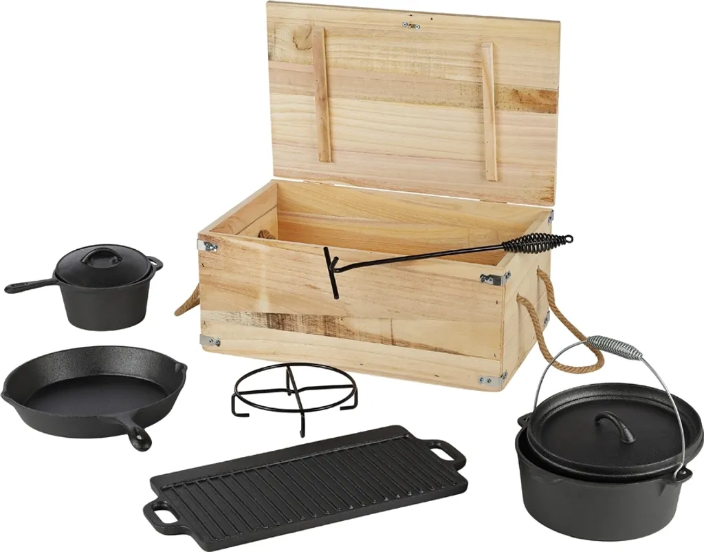 Mucola Dutch Oven 7-teilig Camping Kochgeschir Gulaschkanone Gusseisen Grill Pfanne