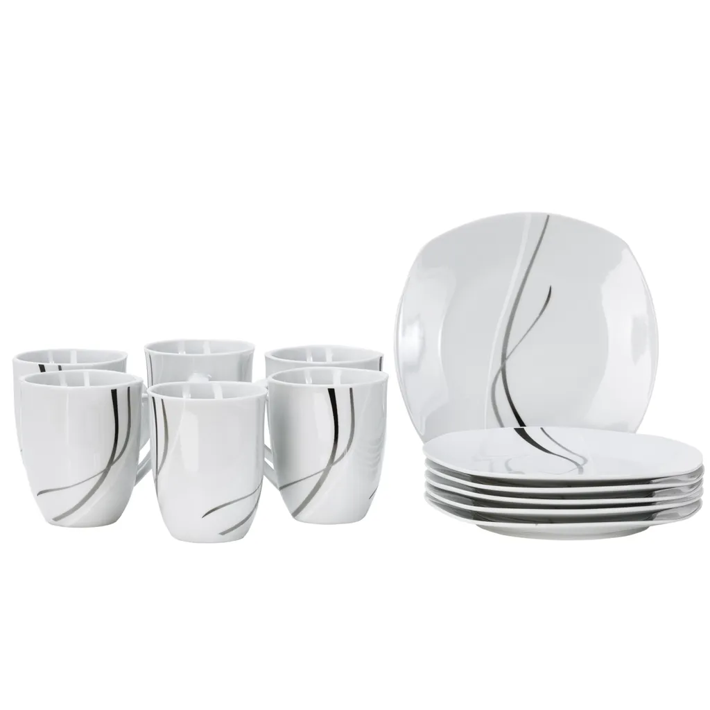 Van Well Frühstücksservice Silver Night, 12tlg 6 Personen, 6 Kaffeebecher + 6 Teller, Linien-Dekor – Bild 2