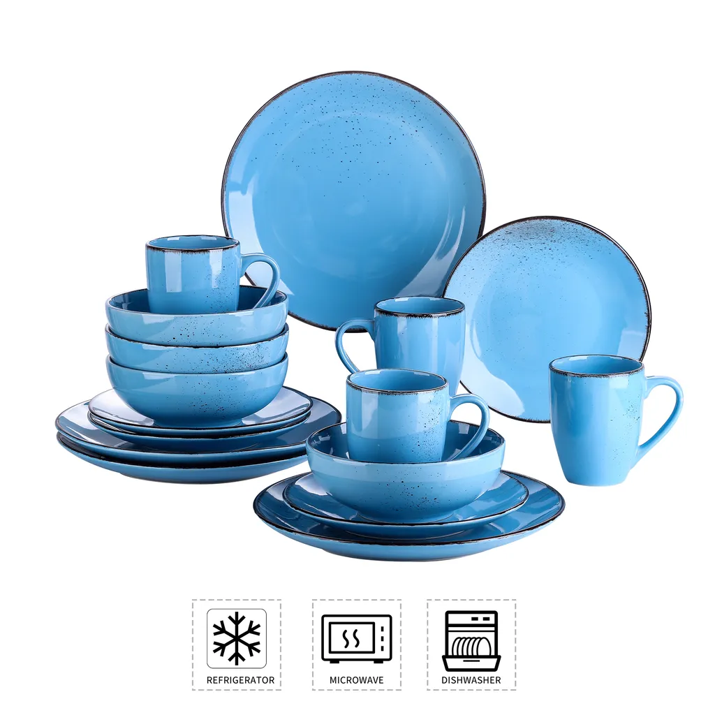 Vancasso Serie Navia Oceano, 16 Teilig Essservice Set Aus Steingut, Tafeiservice Für 4 Personen, Wasserblau, Vintage Aussehen, Natur Design – Bild 3