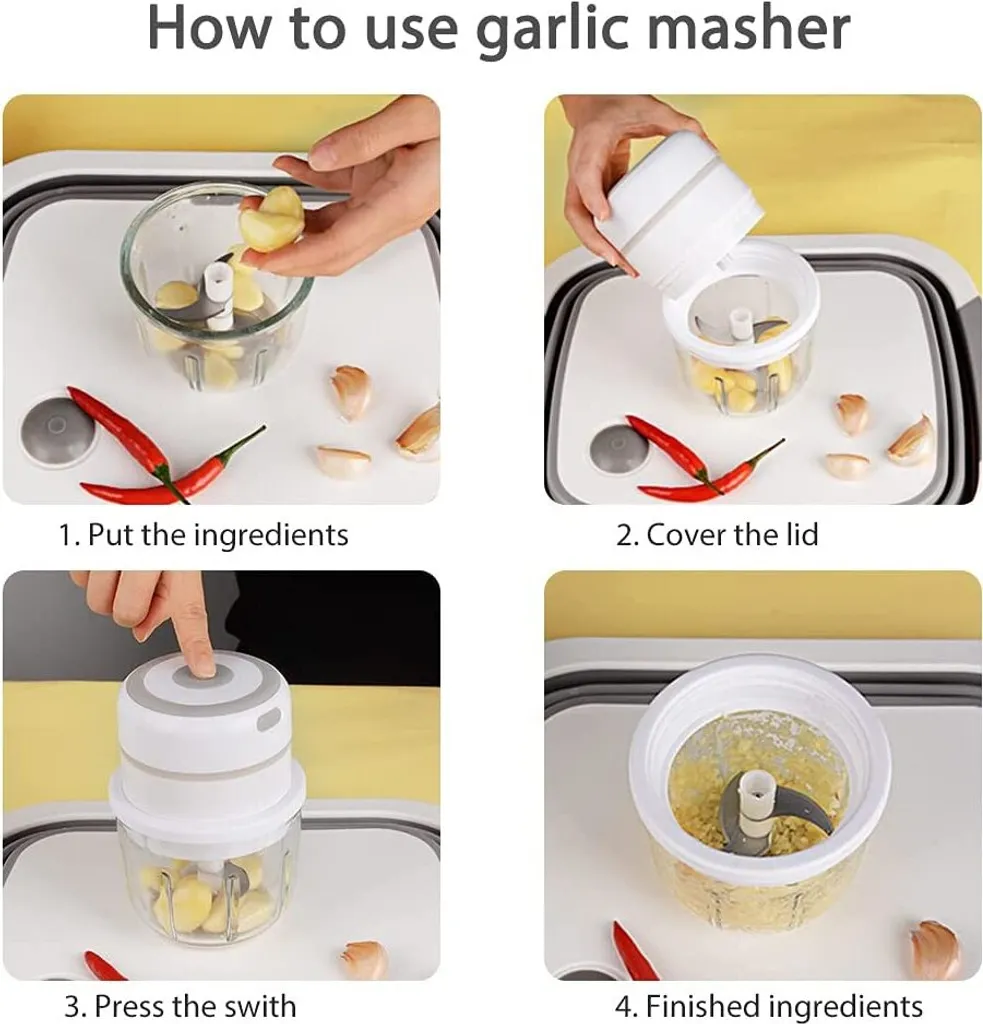 Elektrische Mini-Chopper-Küchenmaschine, Tragbare Knoblauchmühle, Kabelloser Kleiner Lebensmittel-Chopper Mit USB-Aufladung Für Ingwer-Zwiebel-Chili-Gemüse (250 Ml),Weiß,250ml – Bild 4
